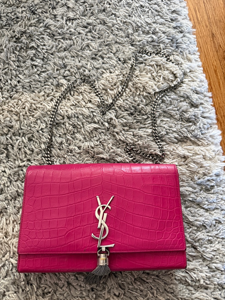 Saint Laurent Fuchsia Croc-Embossed Monogram Chain Crossbody